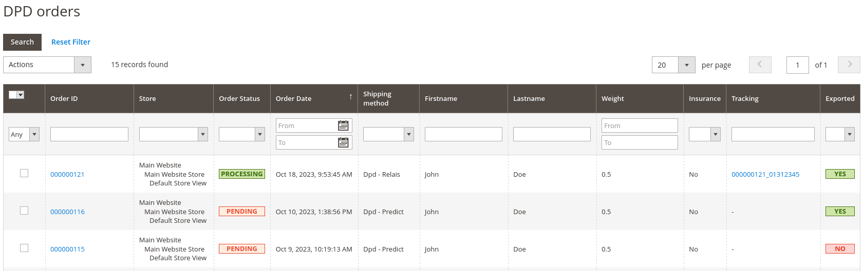 Export des commandes DPD