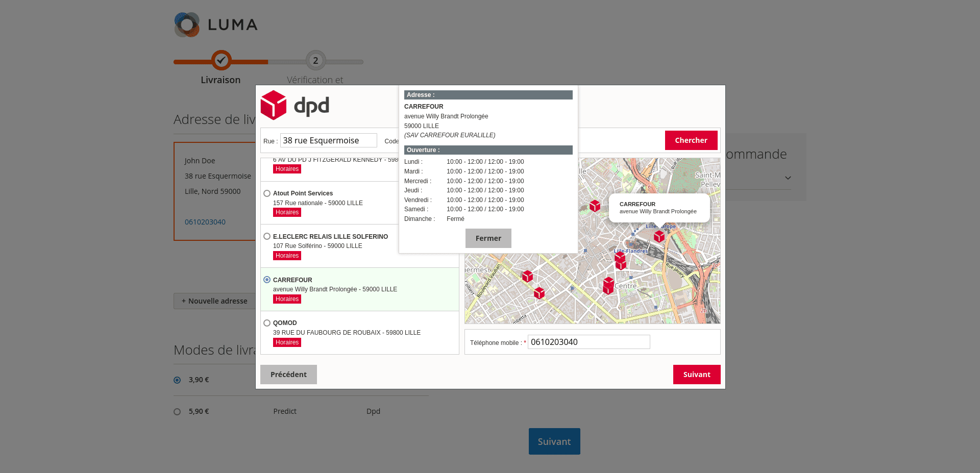 Consultation des horaires d'ouverture du relais Pickup