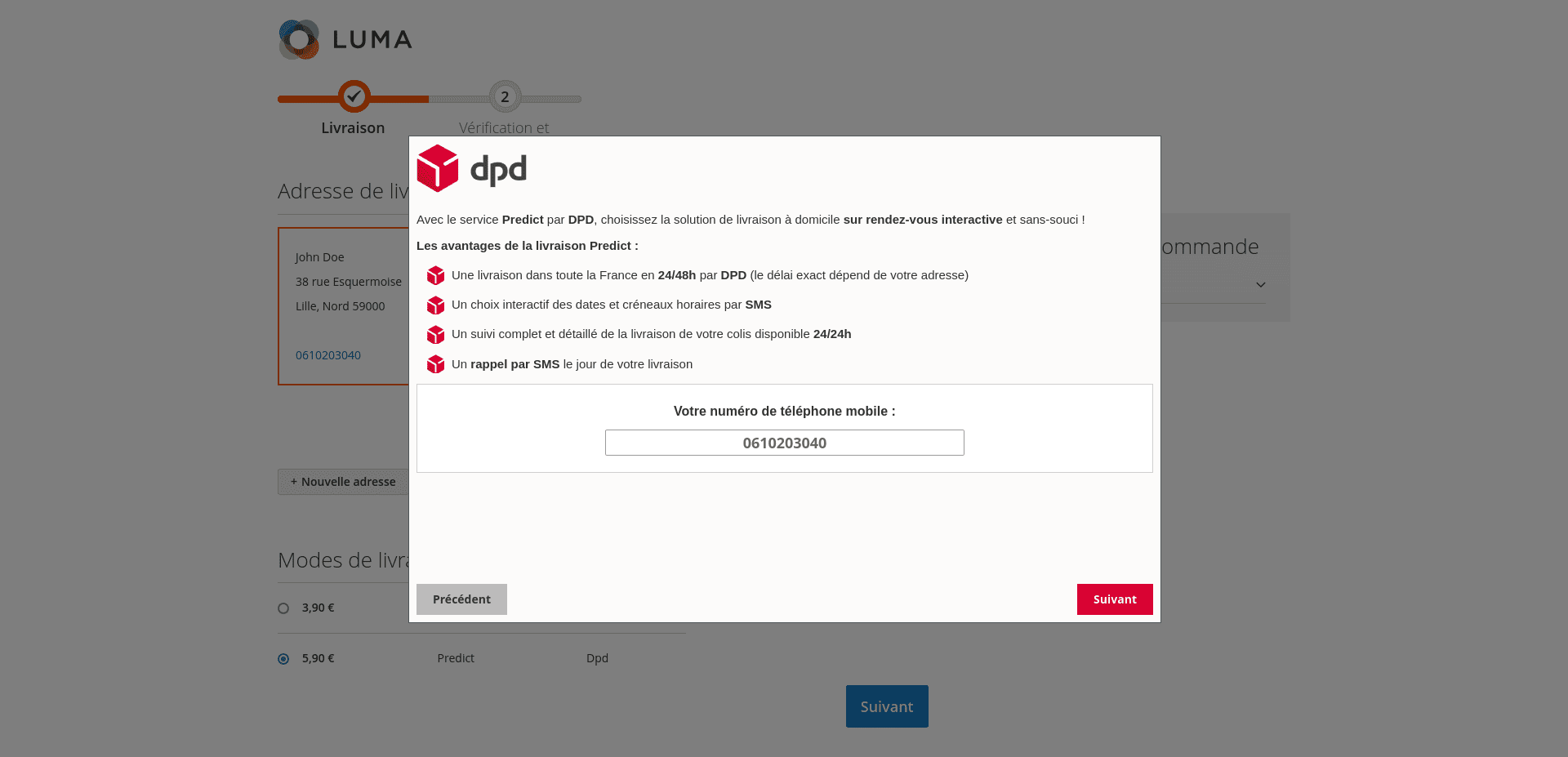 Saisi du numéro de téléphone mobile DPD Predict