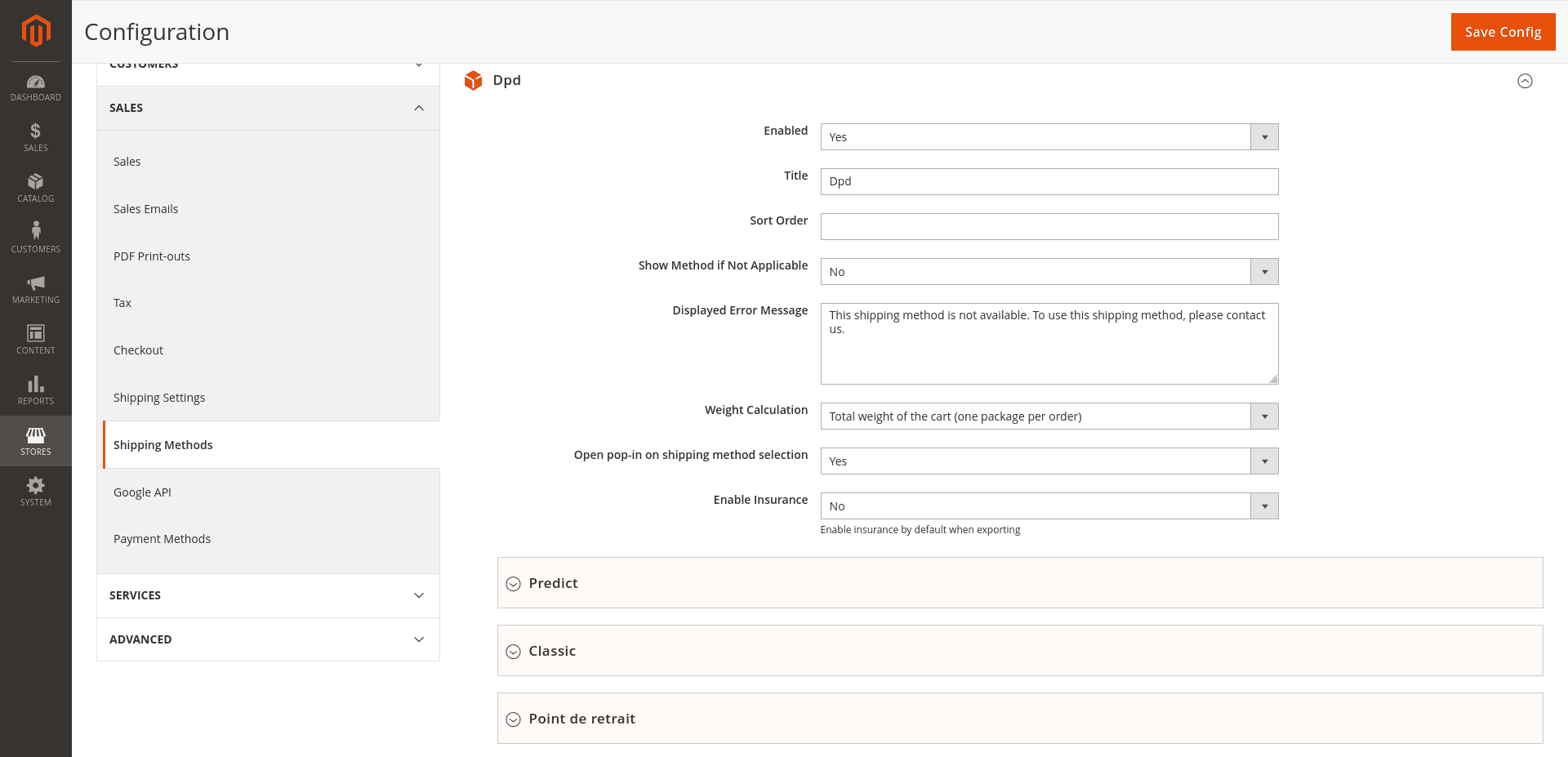 Configuration de la méthode de livraison