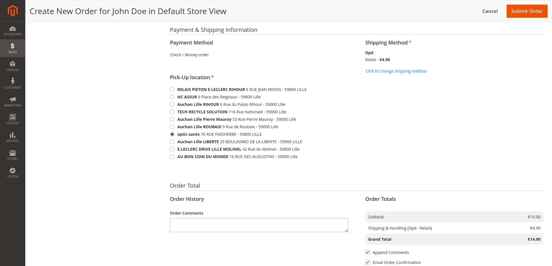 Sélection du relais Pickup dans le tunnel de commande de l'administration